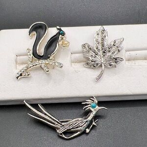 Vintage Squirrel, Leaf, Roadrunner brooches